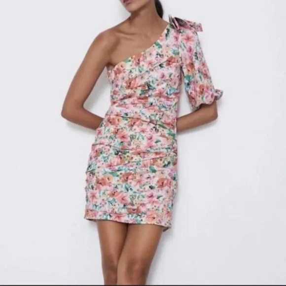 Zara One Shoulder Floral Draped Bodycon Mini Dress Size Small - Picture 6 of 13